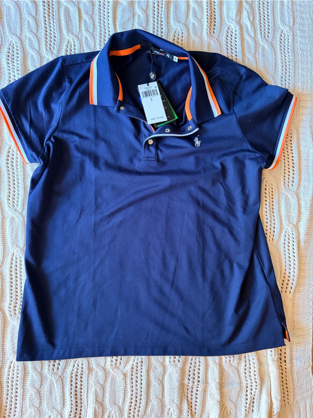 Ralph Lauren Navy Golf Polo with Orange and White Stripe Trim